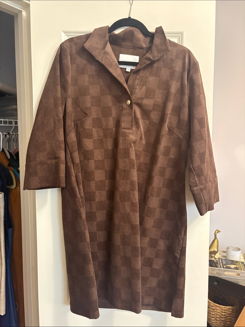 Brown Check-Pattern Midi Shirt Dress with Gold-Button Placket